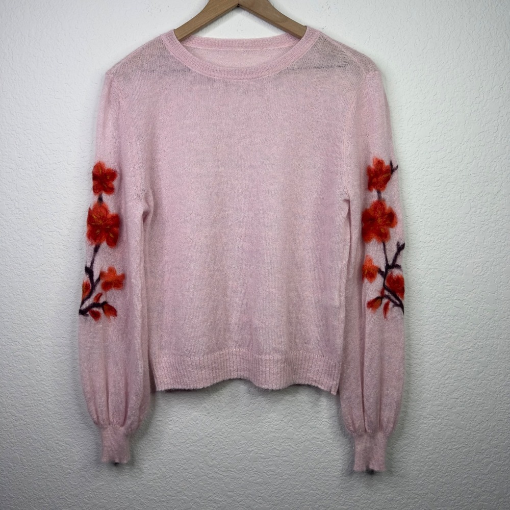 Saccharine Sweater M Pink Floral Applique Balloon Sleeve Romantic Cottagecore
